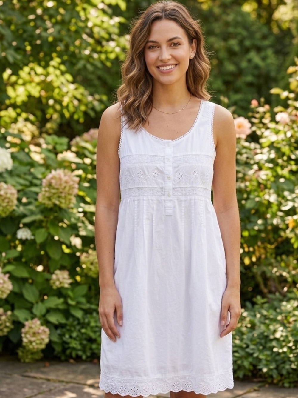 Vtg Kim Rogers L White Eyelet Trim Cotton modest nightgown slip dress